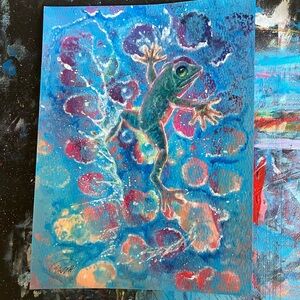 Flying frog art original painting signed ooak artwork collectible Artettina